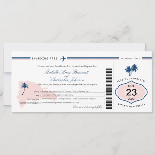 Palm Tree Wedding Boarding Pass Einladung (Vorderseite)