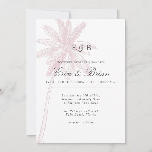 Palm Tree Wedding Invitation Pink Blush Vintage Einladung (Vorderseite)