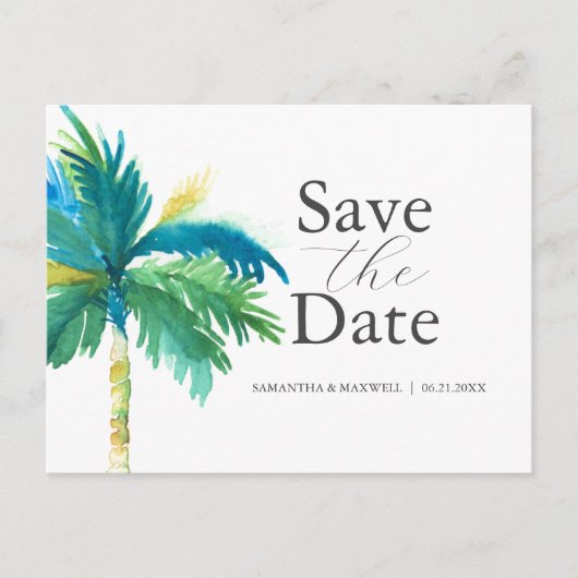 Palm Tree Wedding Save the Date Postkarte (Vorderseite)