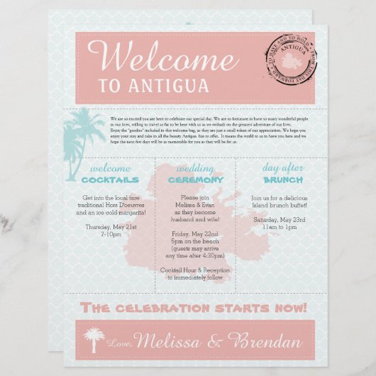 Palm Tree Wedding Welcome Letter für Antigua (Vorne/Hinten)