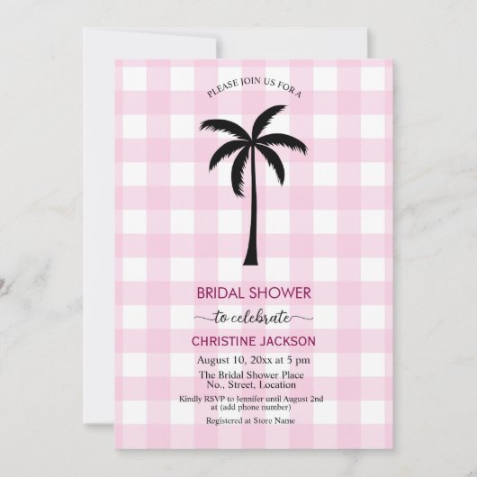 Palm Tree White Pink Checkered QR Code Bridal Einladung (Vorderseite)