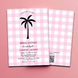 Palm Tree White Pink Checkered QR Code Bridal Einladung