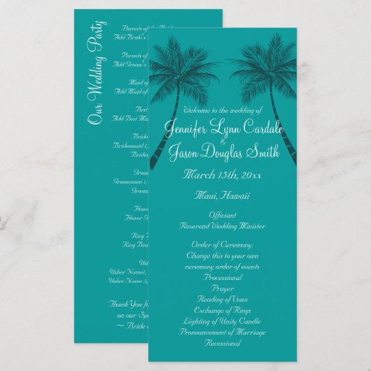 Palm Trees Aquamarin Blue Beach Hochzeitsprogramme Programm (Vorne/Hinten)