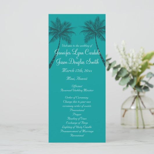 Palm Trees Aquamarin Blue Beach Hochzeitsprogramme Programm (Stehend Vorderseite)