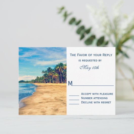 Palm Trees Beach Hochzeit in Urlaubsort RSVP Cards (Stehend Vorderseite)