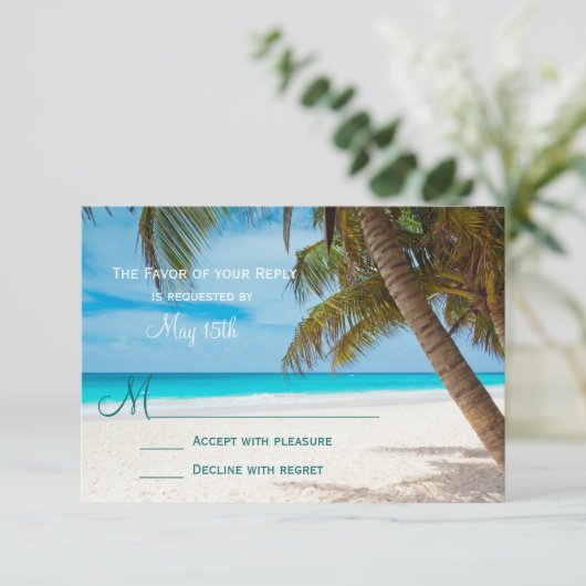 Palm Trees Beach Hochzeit in Urlaubsort RSVP Cards (Stehend Vorderseite)