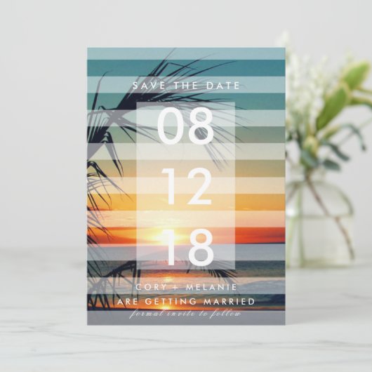 Palm Trees Beach Sunset Foto Speichern Sie die Dat Save The Date (Stehend Vorderseite)