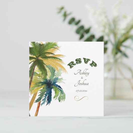 Palm Trees Beach Wedding RSVP Card (Stehend Vorderseite)