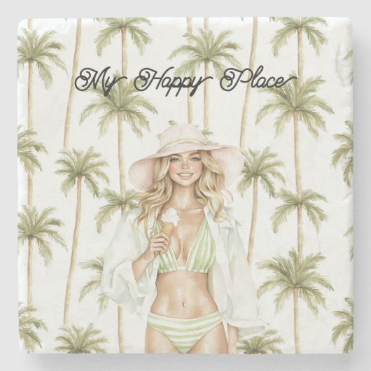 Palm Trees Happy Place Blond Lady Bathing Suit Steinuntersetzer (Vorderseite)