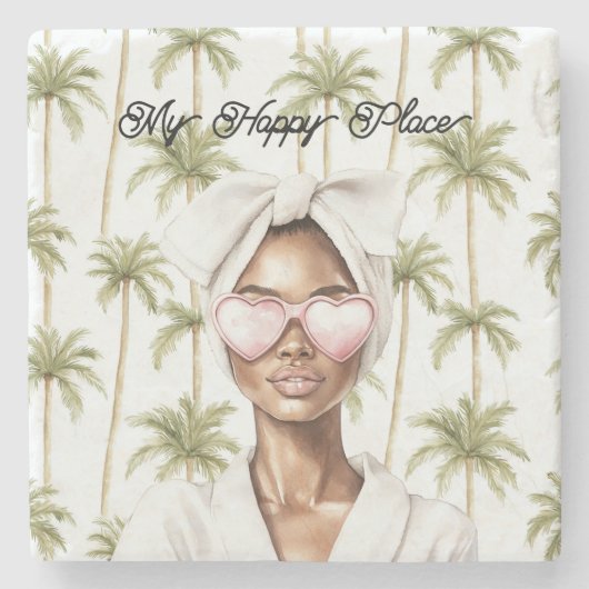 Palm Trees Happy Place Heart Glasses Black Lady Steinuntersetzer (Vorderseite)