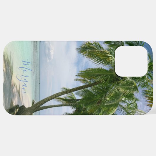 Palm Trees, Ihr Foto, Name Blue Script iPhone Hülle (Hinten horizontal)