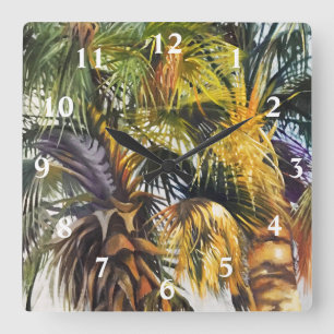 Palm Trees in Green Yellow and Purple Painting Quadratische Wanduhr