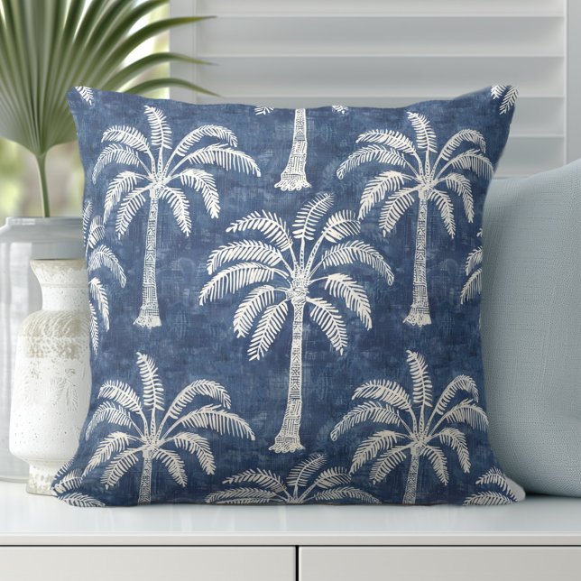 Palm Trees Indigo Blue Throw Kissen - doppelseitig (Add a luxury tropical palm tree throw pillow is double-sided. This is the front side of the pillow.)