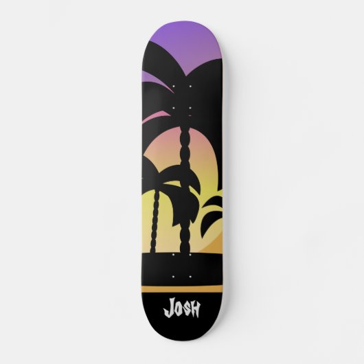 Palm Trees Lila Black Pattern Skateboard (Vorderseite)