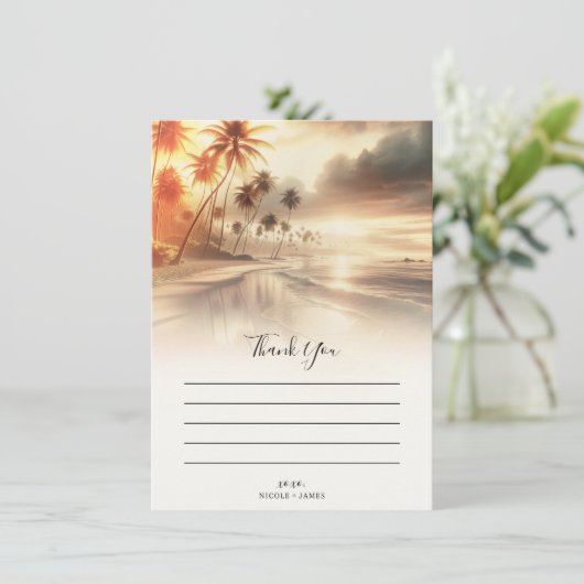 Palm Trees & Orange Sunset Beach Hochzeit Vielen D Einladung (Stehend Vorderseite)