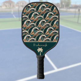 Palm Trees Polynesian Waves Vintage Beach Monogram Pickleball Schläger