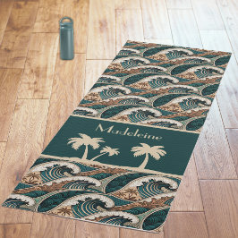 Palm Trees Polynesian Waves Vintage Beach Monogram Yogamatte