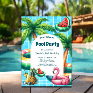Palm Trees Pool Party Flamingo Geburtstag Einladun Einladung