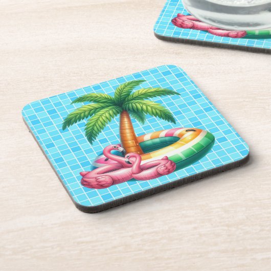 Palm Trees Pool Party Flamingo Getränkeuntersetzer (Linke Seite)