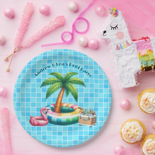 Palm Trees Pool Party Flamingo Pappteller (Party)