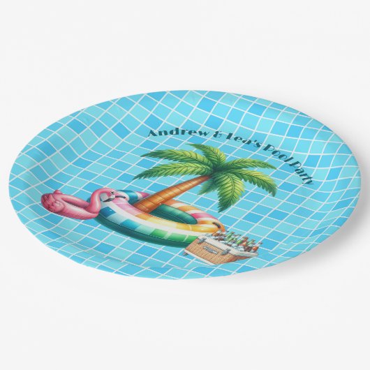Palm Trees Pool Party Flamingo Pappteller (Schrägansicht)