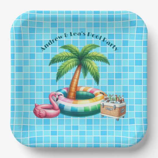 Palm Trees Pool Party Flamingo Pappteller (Vorderseite)