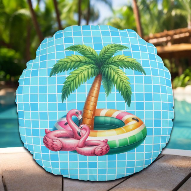 Palm Trees Pool Party Flamingo Rundes Kissen (Von Creator hochgeladen)