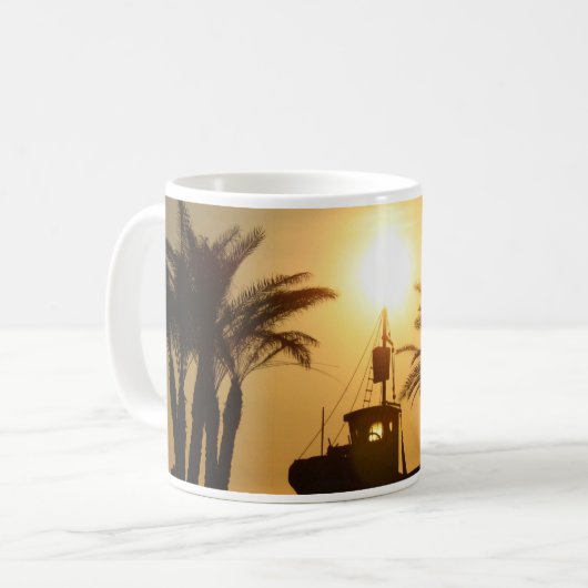 Palm Trees Ship Foto Weiße Tasse (Vorderseite Links)
