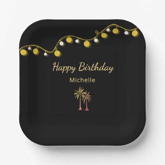 Palm Trees String Lights Tropical Birthday Party Pappteller (Vorderseite)