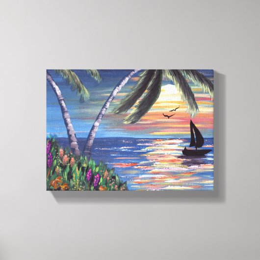 Palm Trees Sunset Ocean Painting Leinwanddruck (Vorderseite)
