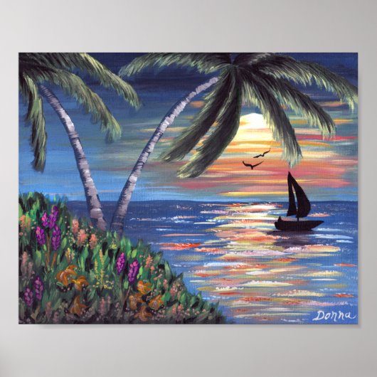 Palm Trees Sunset Ocean Painting Poster (Vorne)