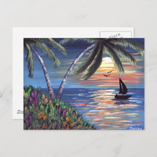 Palm Trees Sunset Ocean Painting Postkarte (Vorne/Hinten)