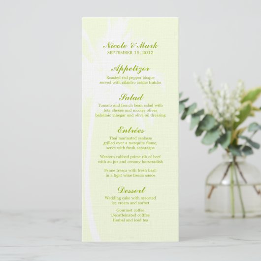 Palm Trees Tropical Wedding Menu Cards Menükarte (Stehend Vorderseite)