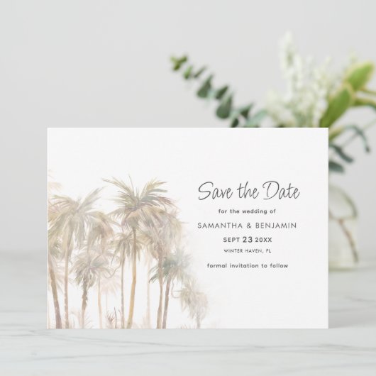Palm Trees Typografy QR Code Save the Date (Stehend Vorderseite)