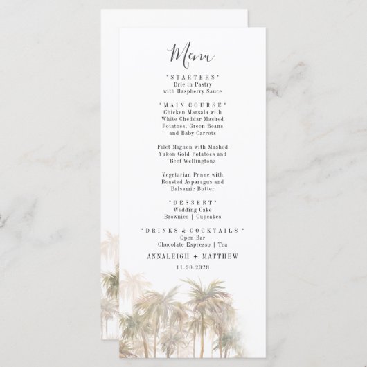 Palm Trees Watercolor Coastal Wedding Menu Menükarte (Vorne/Hinten)