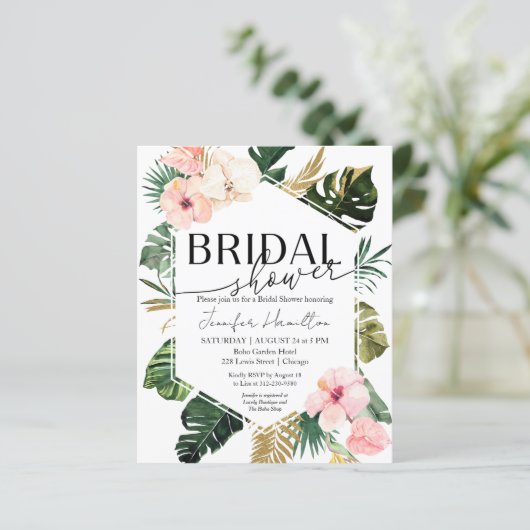 Palm Tropical Floral Bridal Dusche Einladung (Stehend Vorderseite)