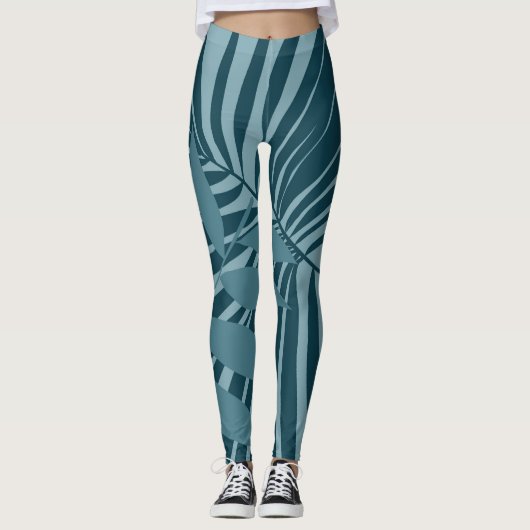Palm- und Tropenblatt abstrakt in blau-grün grau Leggings (Vorderseite)