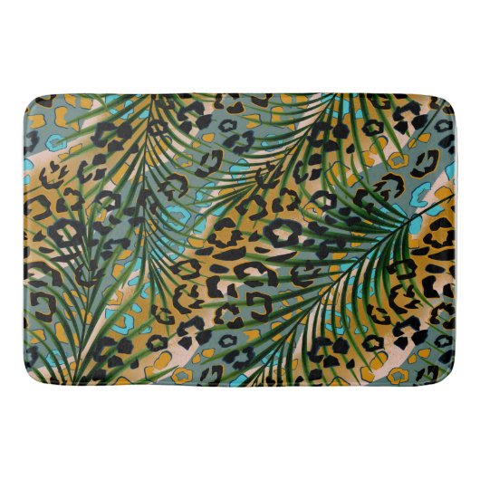 Palm verlasse auf einem Leopardenhintergrund. Badematte (Vorderseite)