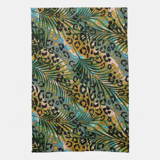 Palm verlasse auf einem Leopardenhintergrund. Geschirrtuch (Vertikal)