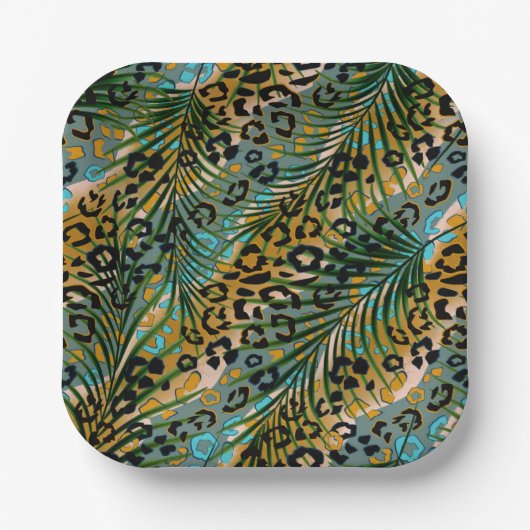 Palm verlasse auf einem Leopardenhintergrund. Pappteller (Vorderseite)