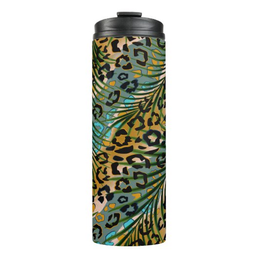 Palm verlasse auf einem Leopardenhintergrund. Thermosbecher (Vorderseite)