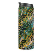 Palm verlasse auf einem Leopardenhintergrund. Thermosbecher (Nach rechts gedreht)