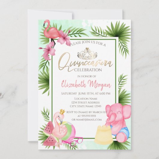 Palm Watermelon Flamingo EIephant Quinceñera Einladung (Vorderseite)