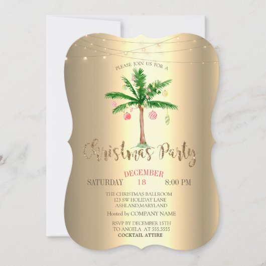 Palm Weihnachtsbälle, String Lights Gold Einladung (Vorderseite)