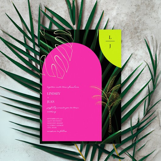 Palmbaumhochzeit der tropischen Monogram Neon Arch Folieneinladung