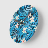 Palmblatt-Blau-Muster Runde Wanduhr (Winkel)