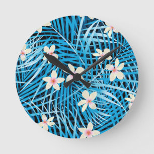 Palmblatt-Blau-Muster Runde Wanduhr