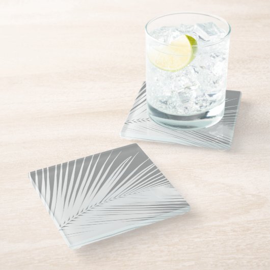 Palmblatt - grau und weiß glasuntersetzer (Schrägansicht)