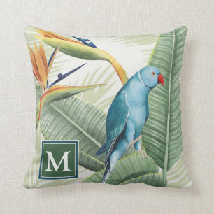 Palmblätter des Monogramm-  mit blauem Vogel Kissen