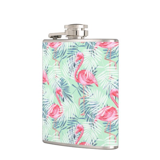 Palmblätter und Flamingos Flachmann (Links)